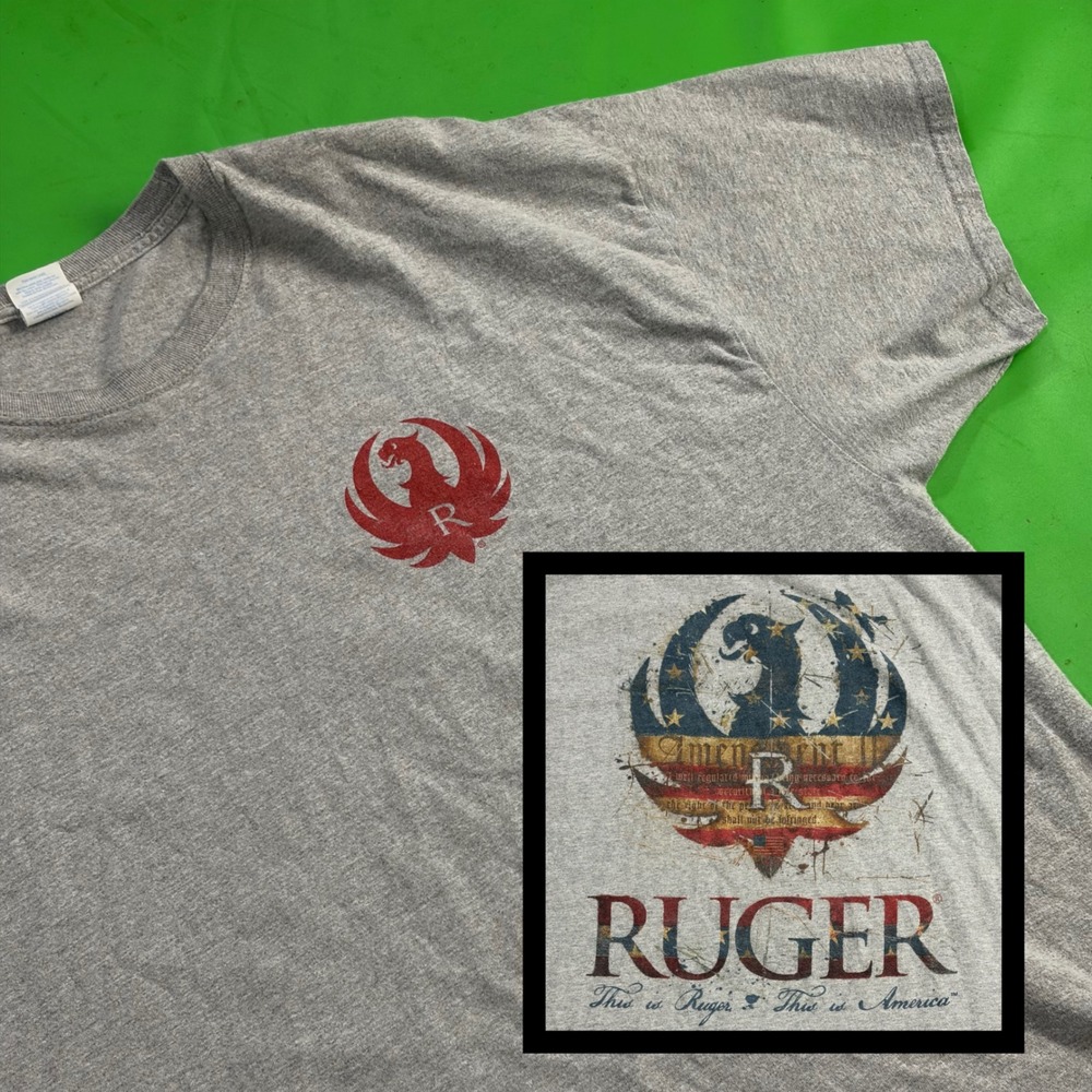 Ruger T-Shirt Mens 3XL Gray Double-Sided American Flag Eagle Patriotic Logo Tee